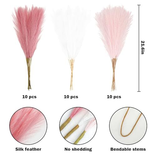 30pcs Pink Faux Pampas Grass, 21.6in Fluffy Artificial Blush & White & Pink