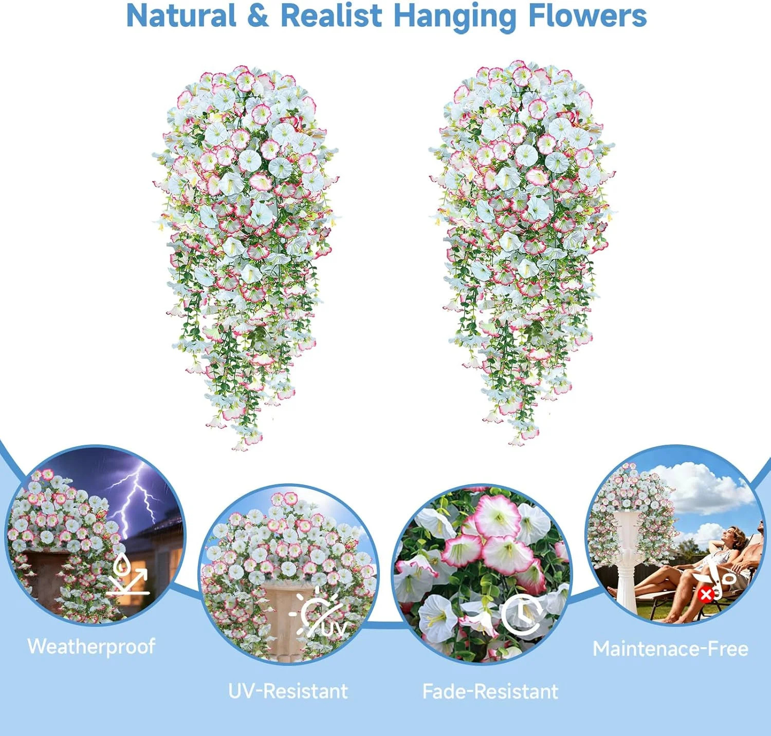 2PCS Artificial Hanging Flowers UV Resistant Morning Glory Faux Vines Blue