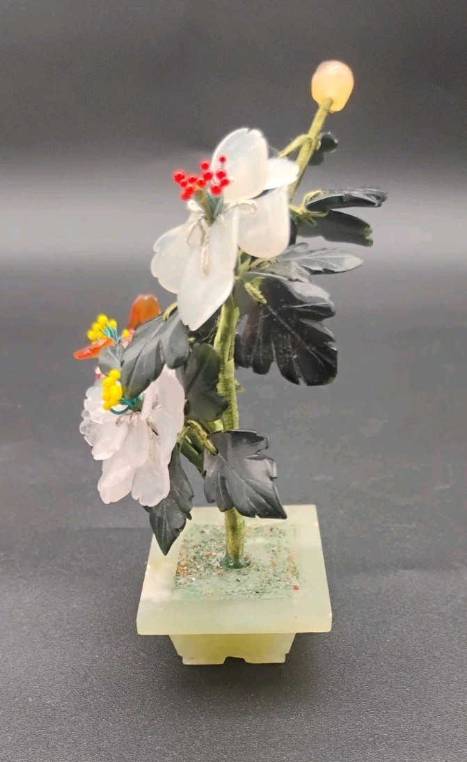Carved Chinese Jade Crystal Hardstone Flowers Leaves & Planter Small 4 1/2″ Tall