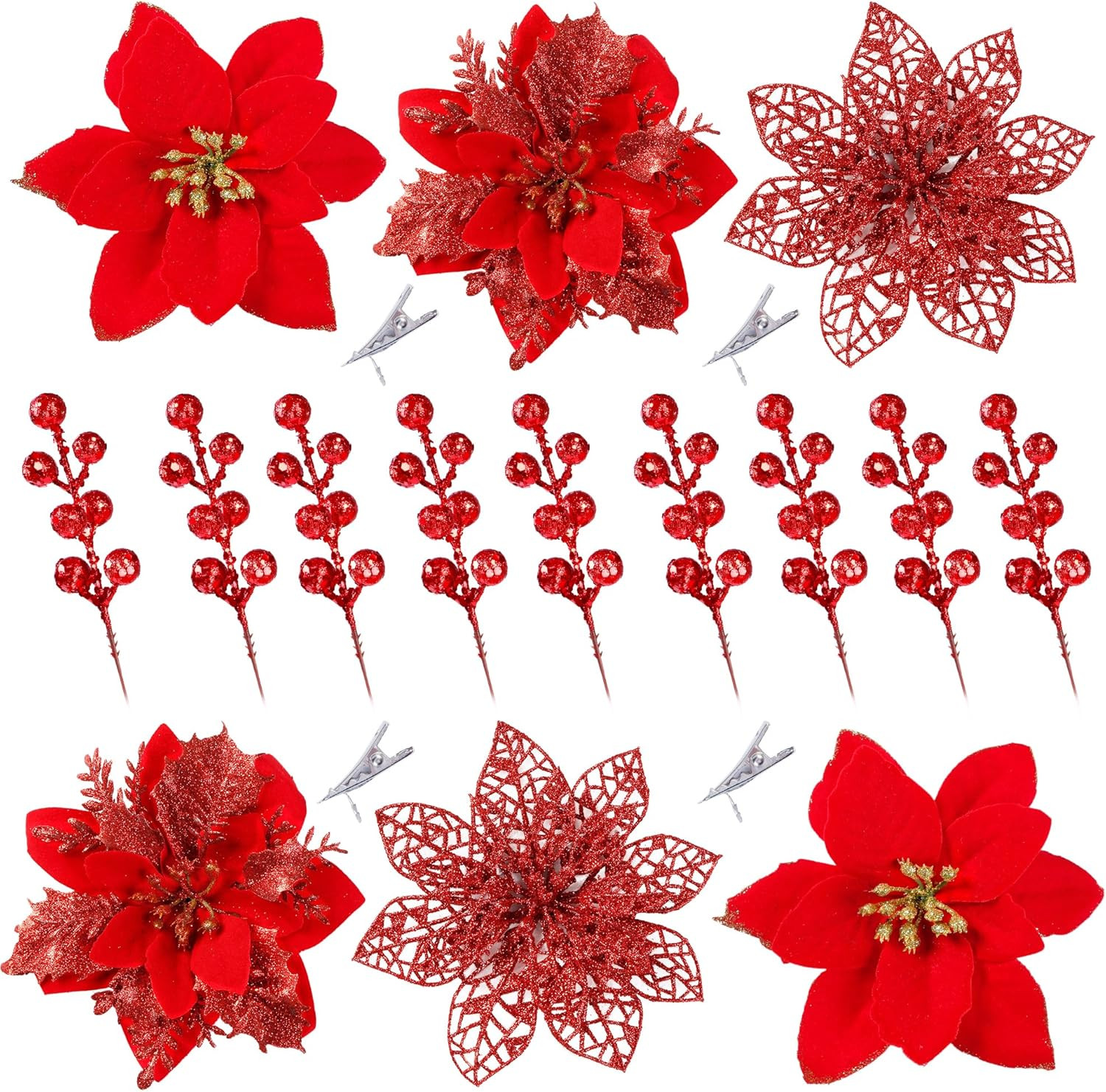 30 Pcs 3 Styles Christmas Glitter Poinsettia Flowers Artificial Berry Picks Chri