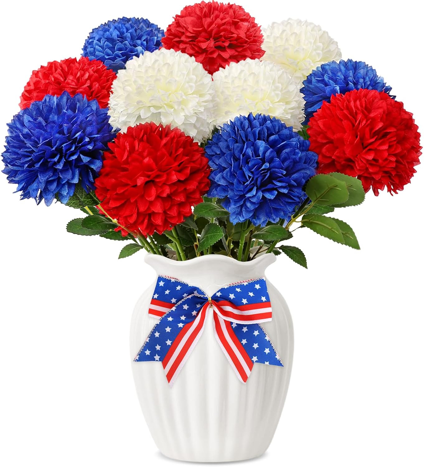 12 Pcs Artificial Chrysanthemums Flowers Patriotic Flower, 4Th of July Fake Mums