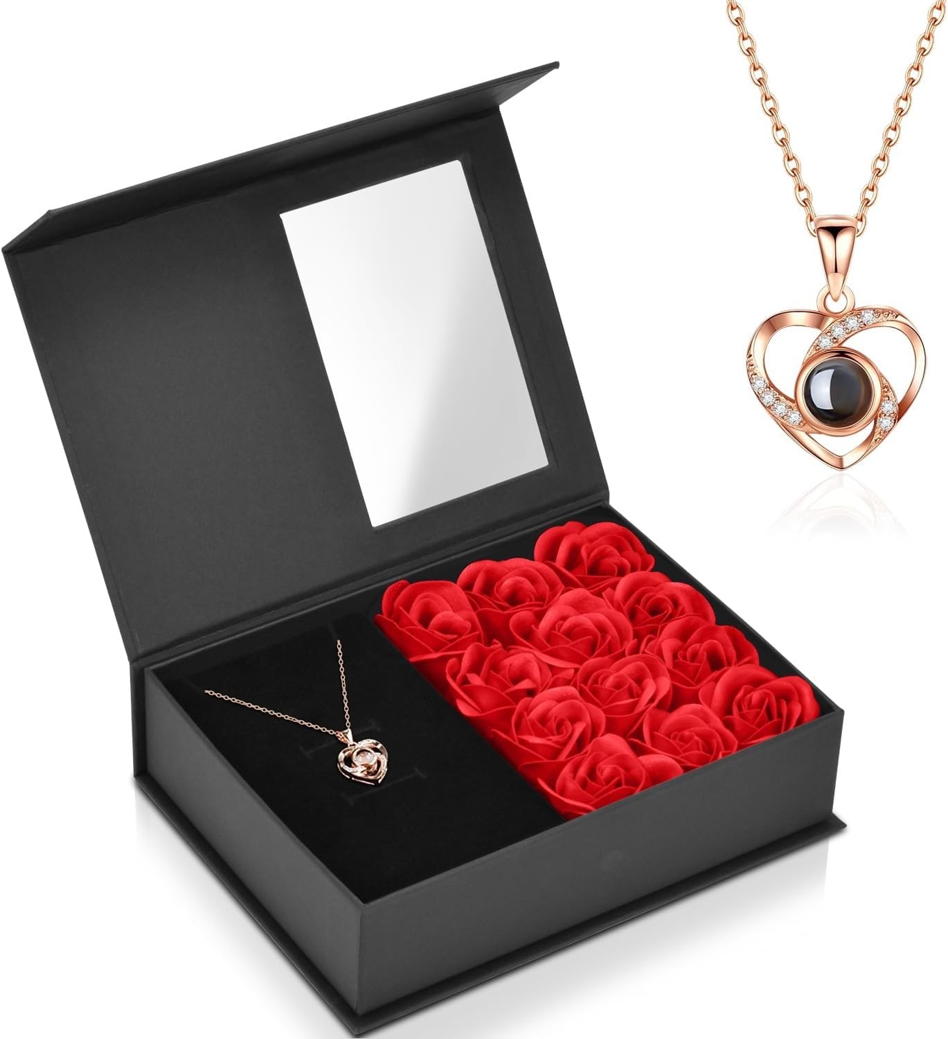 Preserved Eternal Real Rose Flower Gift Box With 14K Gold Plated Silver Necklace