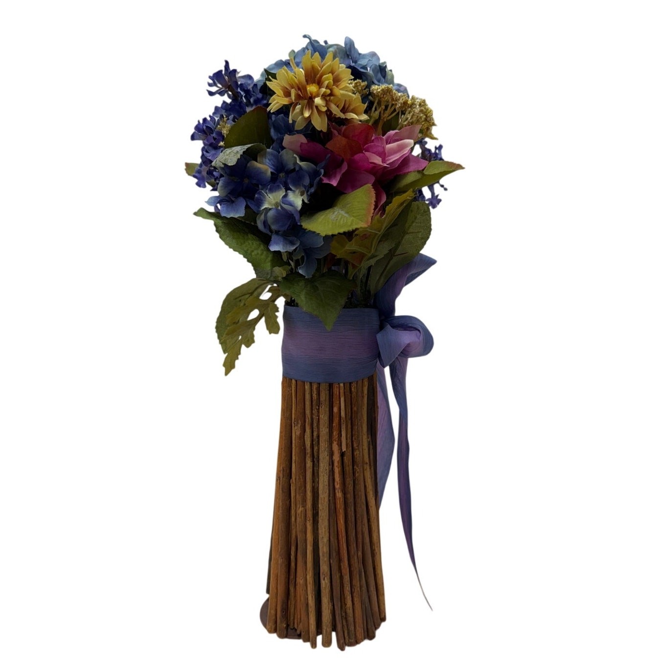 Rustic Twig Vase Floral Arrangement Purple Blue Decor