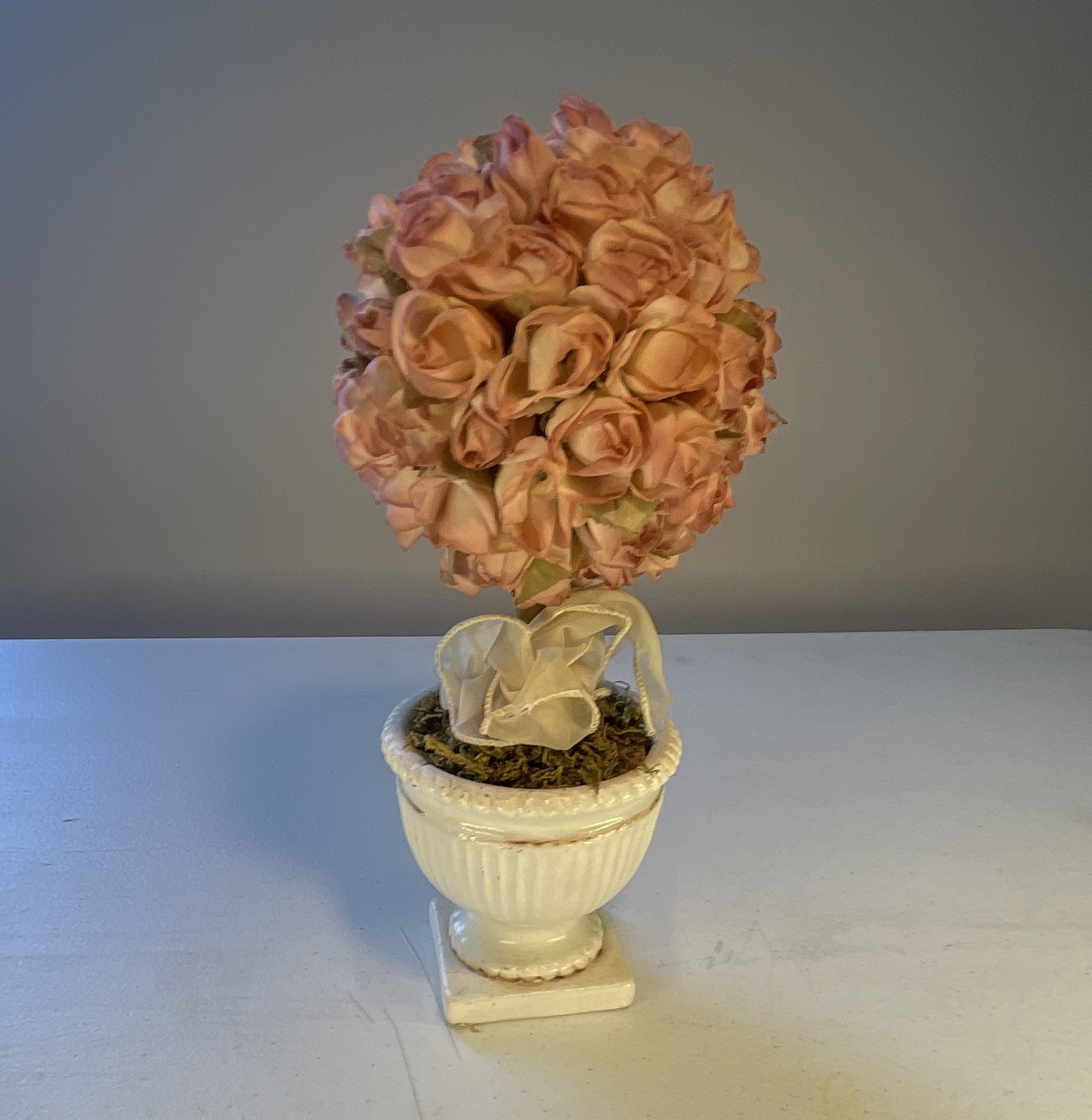 Artificial Pink Rose Ball Topiary Floral Arrangement in White Urn Pot 12 in