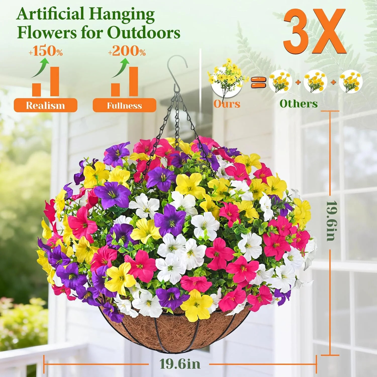 Realistic Artificial Hanging Flowers for Outdoors with Basket, 1 Set Large Size