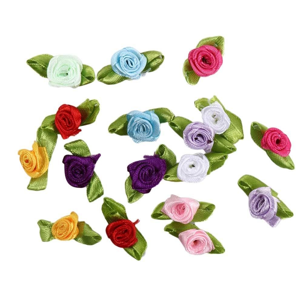 100 PCS Mini Ribbon Roses Artificial Fabric Flowers Green Leaves Sewing Craft