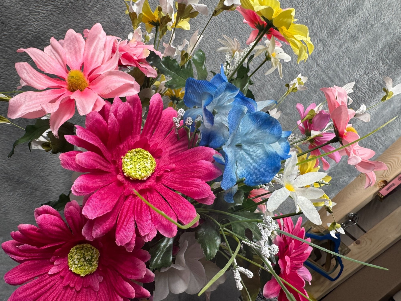 Artificial Flower Bouquet In Galvanized Metal Vase – Mixed Colors & Blooms