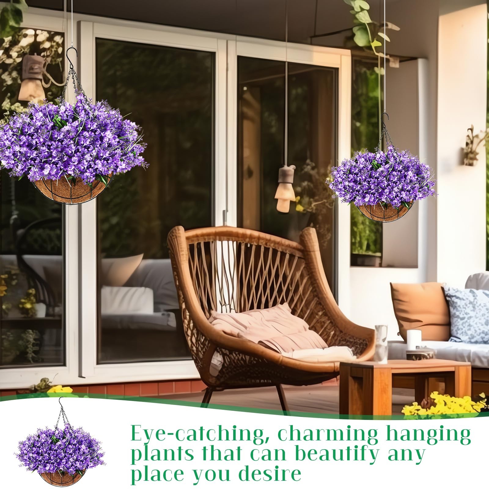 2 Pack Artificial Hanging Flowers in Basket for Spring Summer Porch Home Gard…