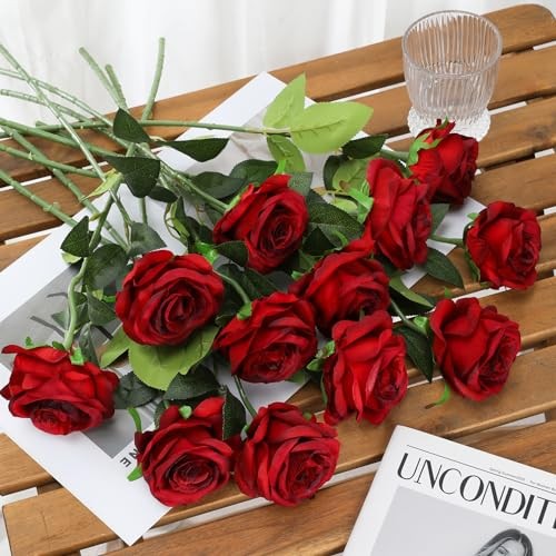 Red Roses Artificial Flowers – 12 pcs Realistic Long Stem Fake Roses Burgundy