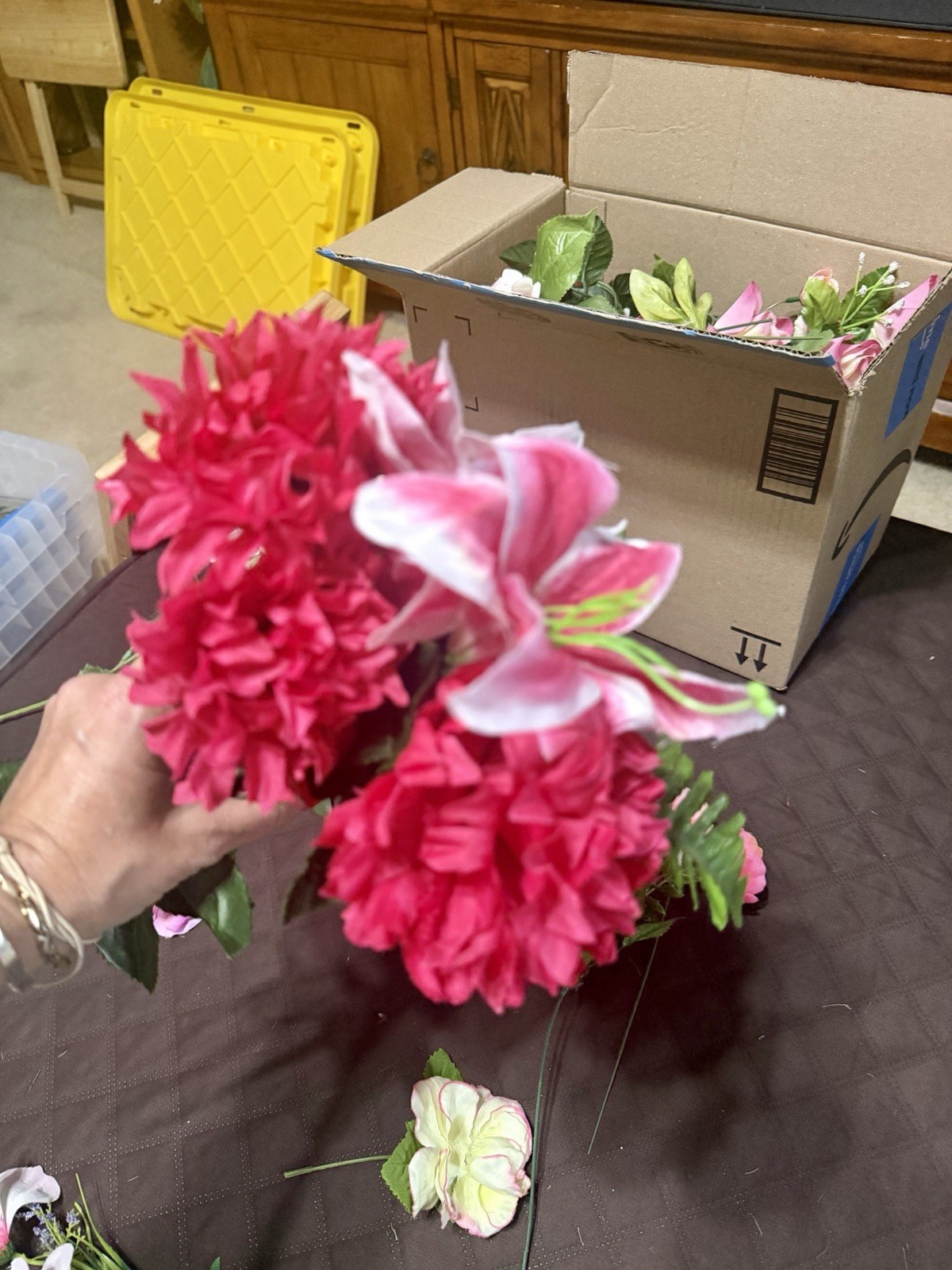 Large Lot / Box of Miscellaneous Artificial Silk Flowers – Pink Shades