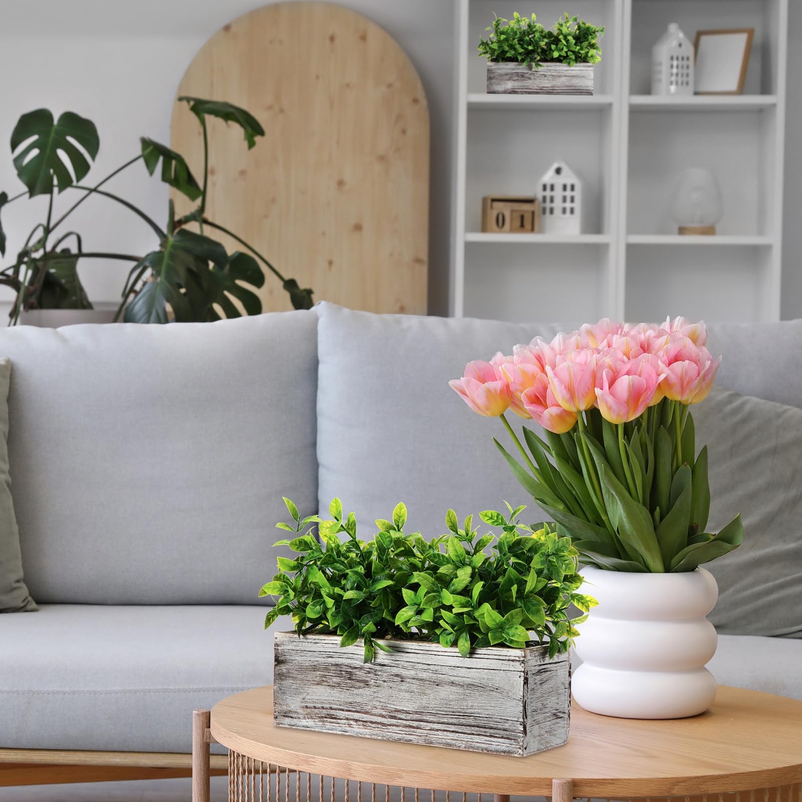 2 Pack Artificial Eucalyptus Plant in Rustic Rectangular Wooden Planter Box P…