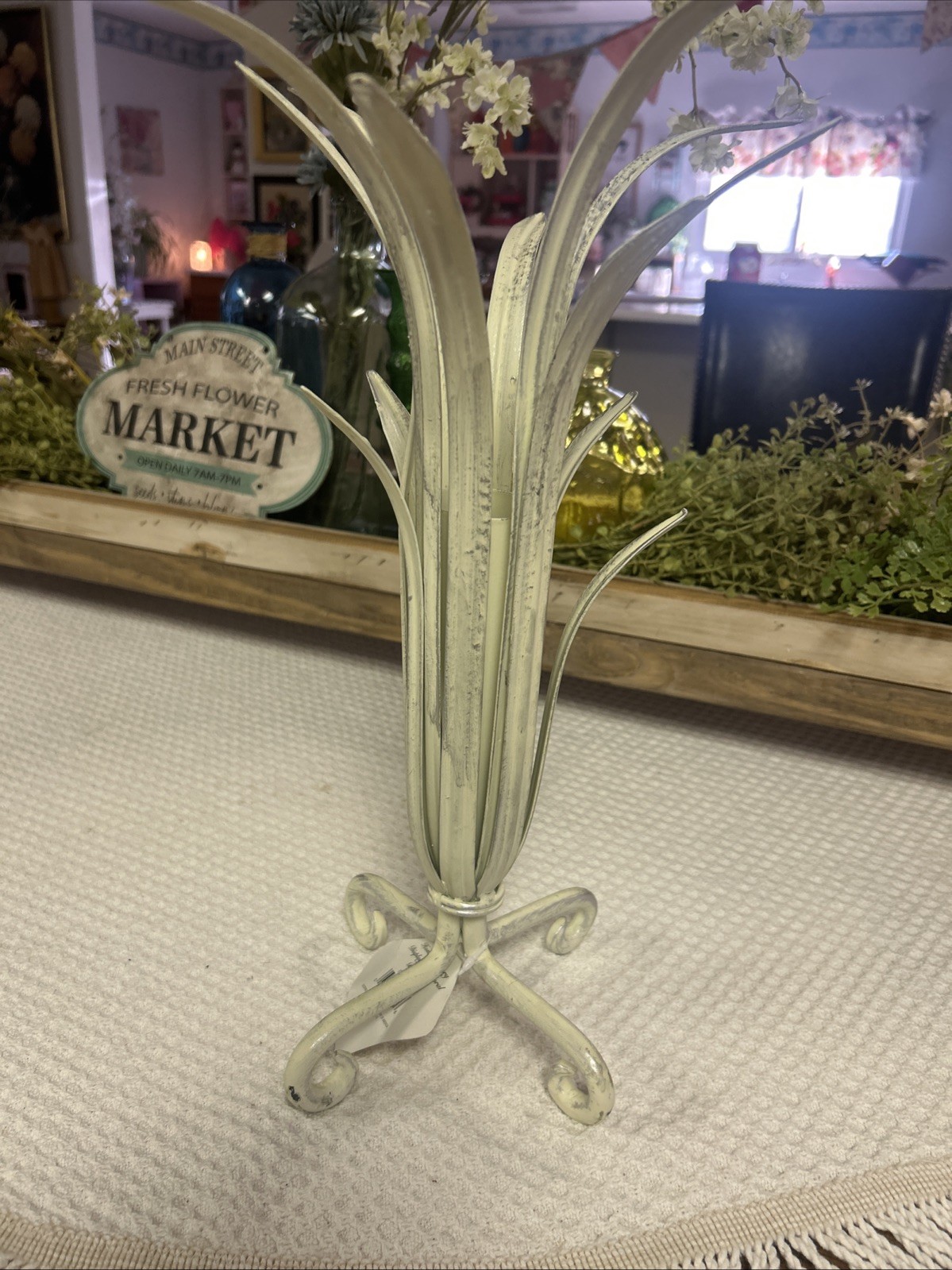 Vintage French Bouquet Holder Aged White Metal Displayer For Floral Cottage New