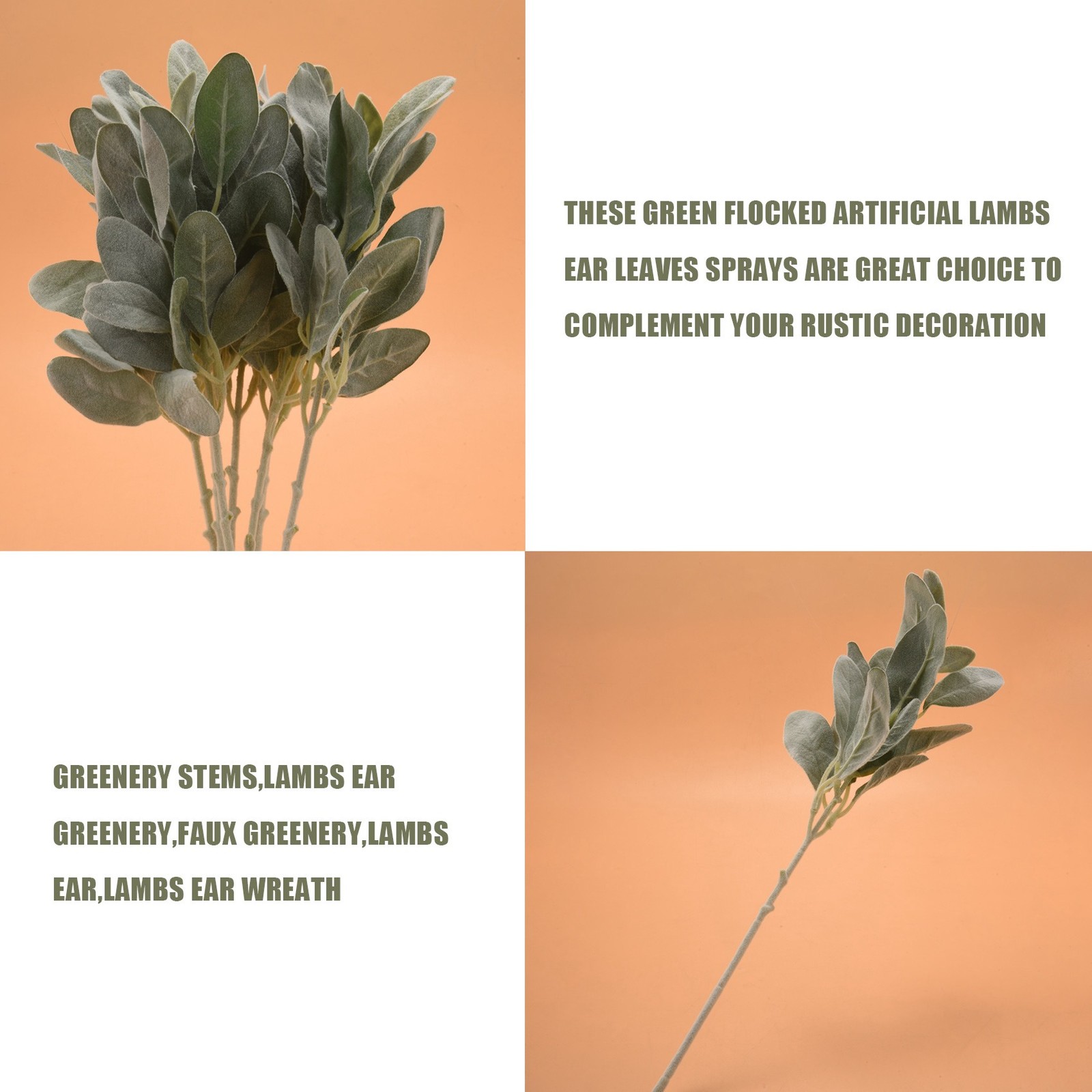 8Pcs Artificial Flocked Lambs Ear Leaves Stems Faux Lamb’s Ear Branches8960