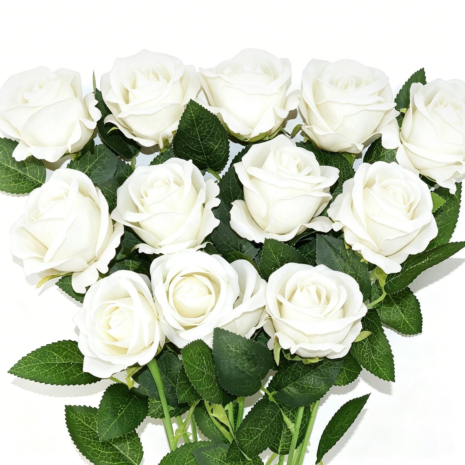 12 PCS Realistic White Roses Artificial Flowers Fake Velvet Silk Bulk Faux