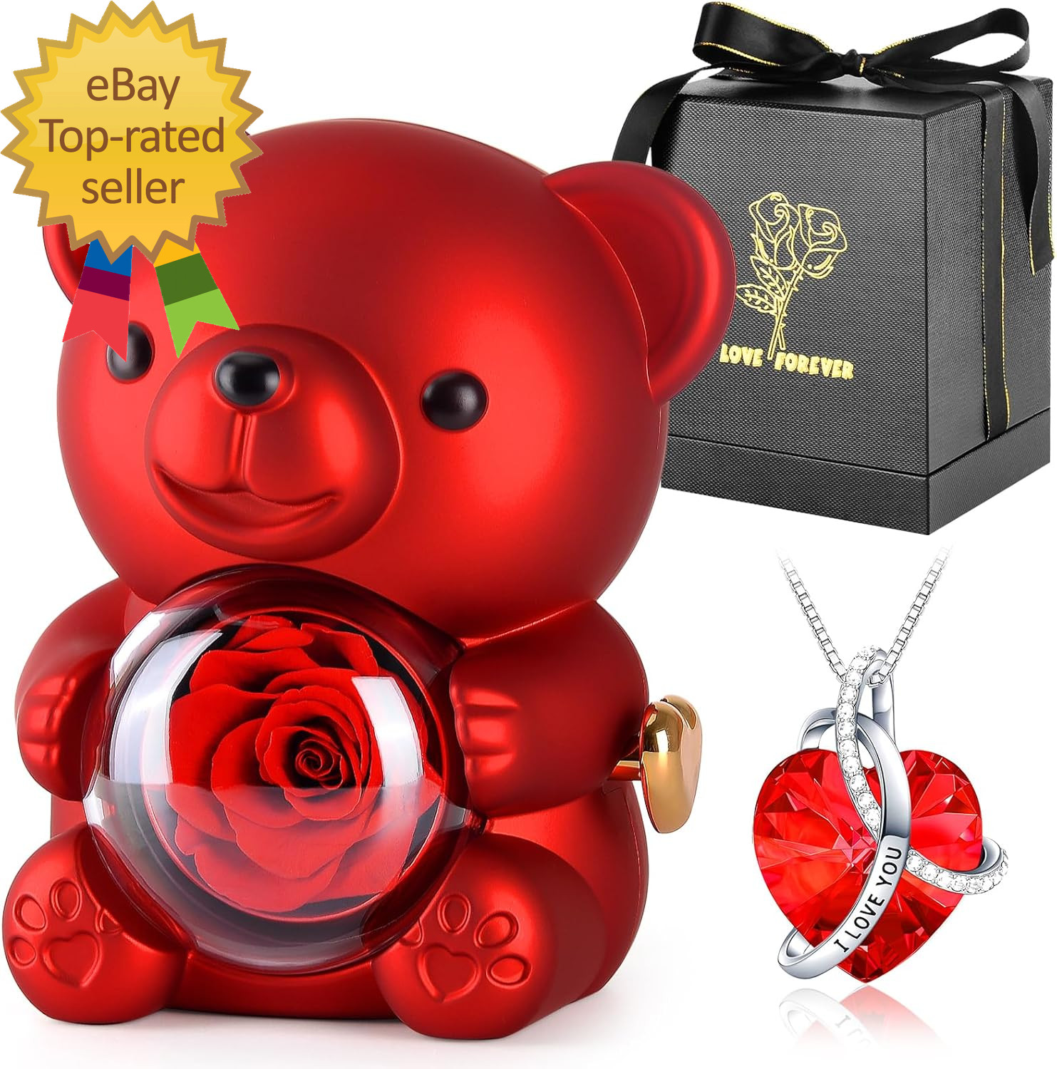 Cute Teddy Bear Preserved Rose Eternal Flowers Rotating Rose Box with Necklace