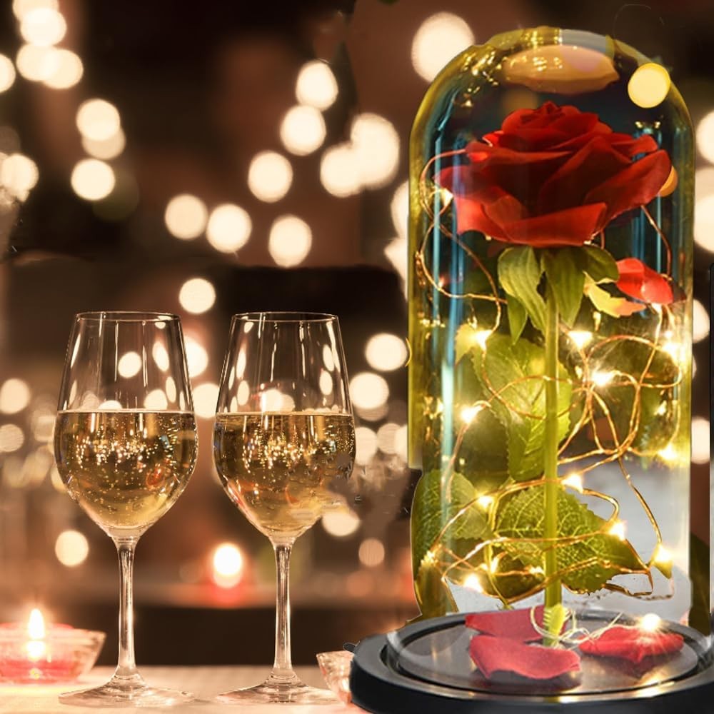 Beauty and The Beast Rose in Glass Dome, Preserved Rose Enchanted Red Silk Rose