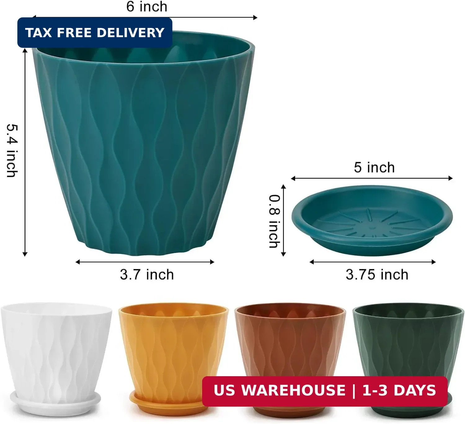 6 Inch Plant Pots 5 Pack Planters with Drainage Holes & Saucers