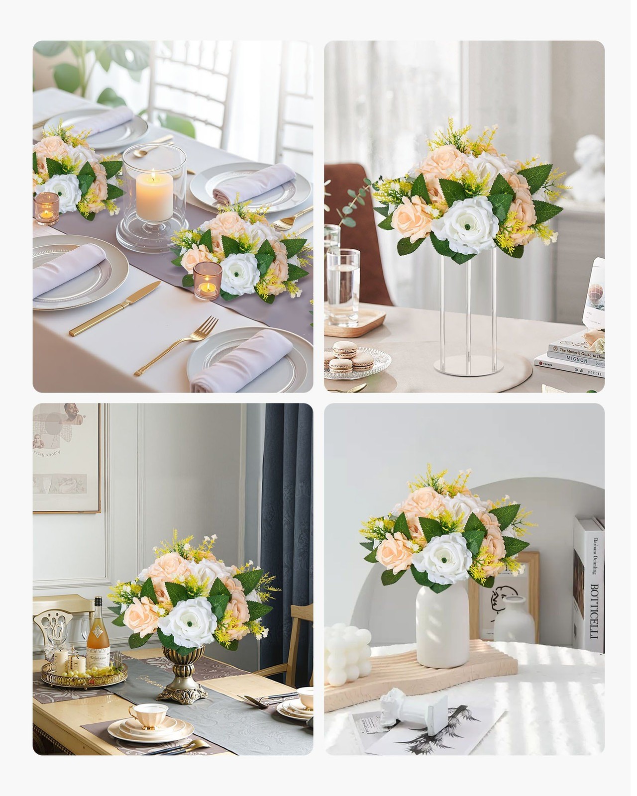 Artificial Champagne White Rose Balls 9.5in, 10 Piece Faux Floral Centerpiece