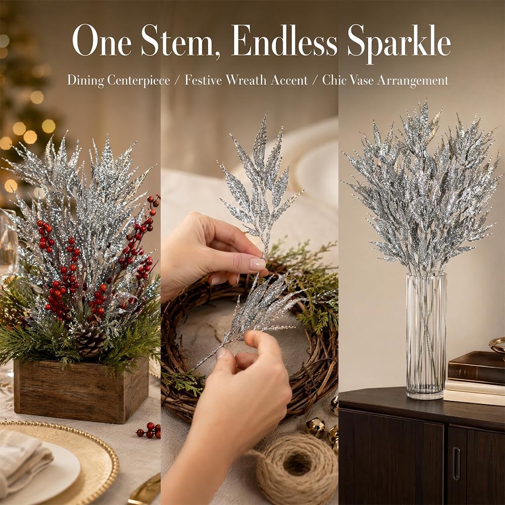 Artificial Silver Glitter Leaf Stems, Indoor Home Decor, Plastic, 13 Inches, …