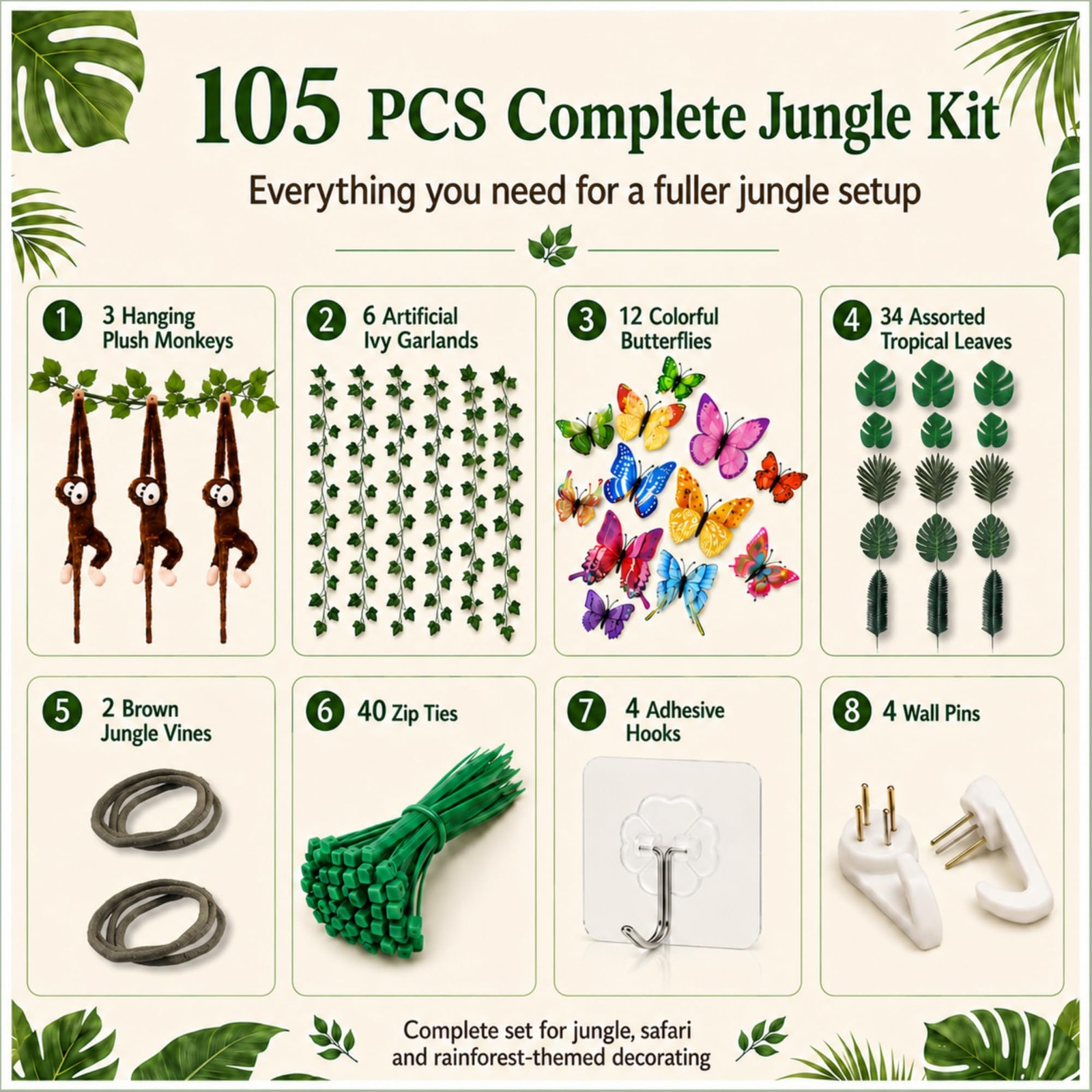 105PCS Jungle Party Decorations Kit with Hanging Monkeys, Artificial Ivy Garl…