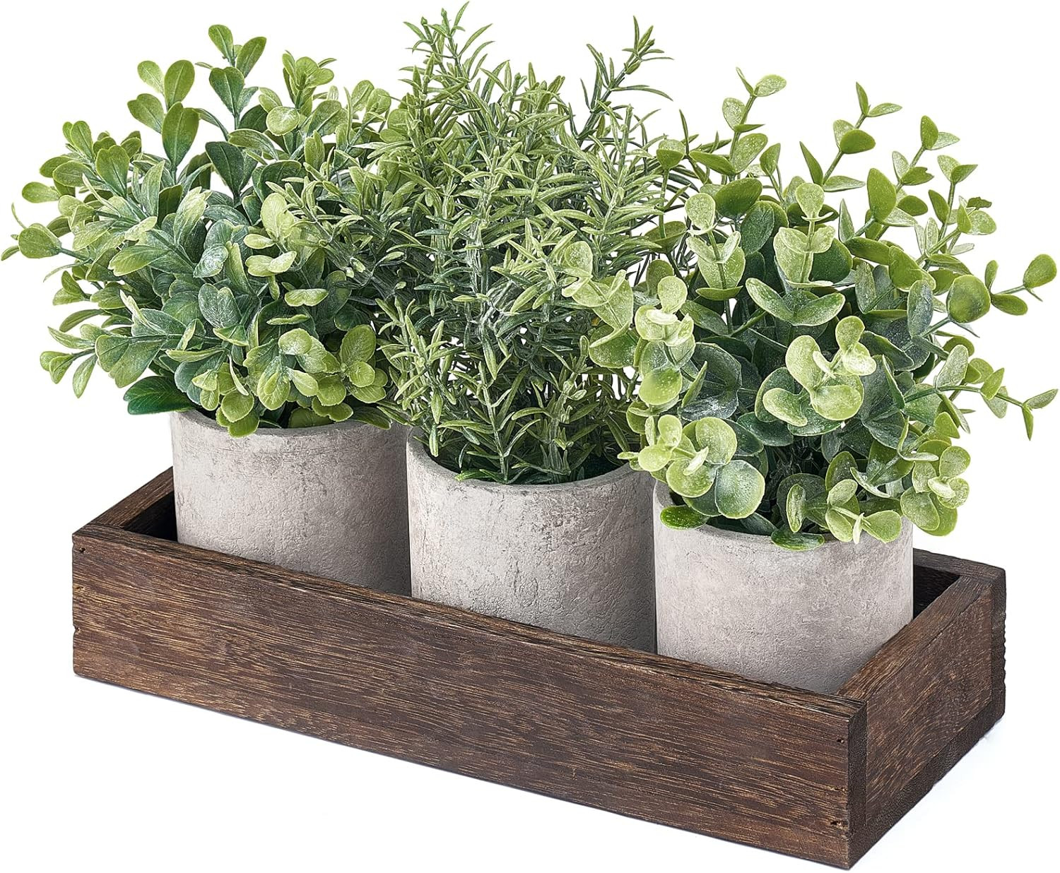 3 Pack Mini Potted Artificial Eucalyptus Fake Plants with Wood Tray Centerpiece