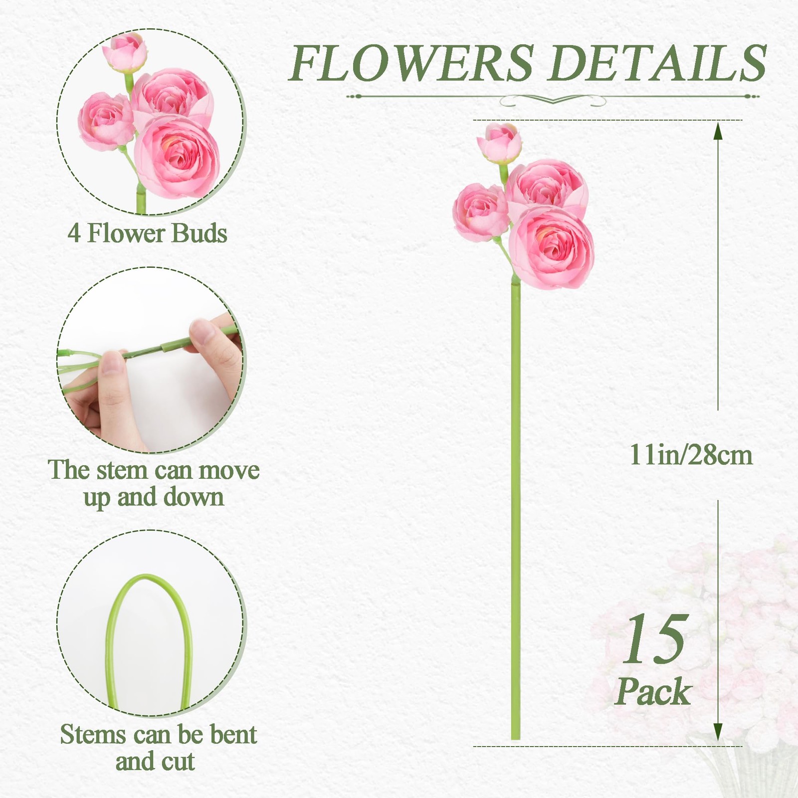15 Pcs Ranunculus Artificial Flower Pink Faux Silk Mini Peony Wedding DIY