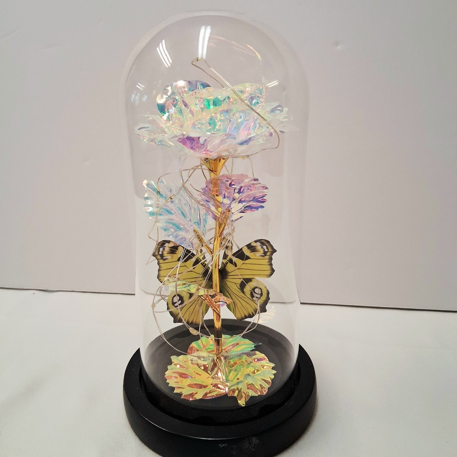 LED Galaxy Iridescent Rose Multicolor Light In Glass Dome W/Butterfly Great Gift