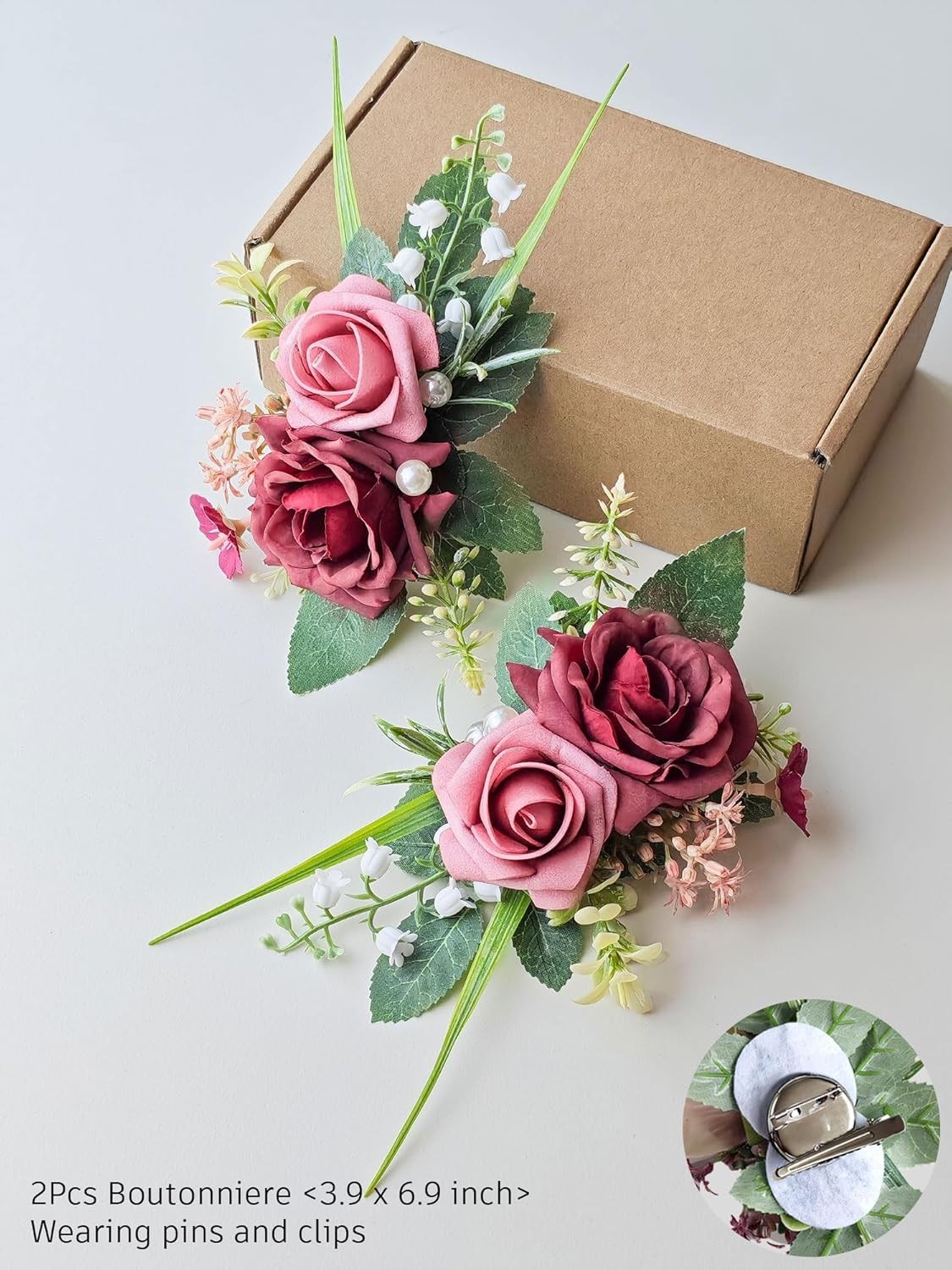 2 PCS Boutonniere For Men Suit Decor Flowers Groom Wedding Prom Burgundy Rose