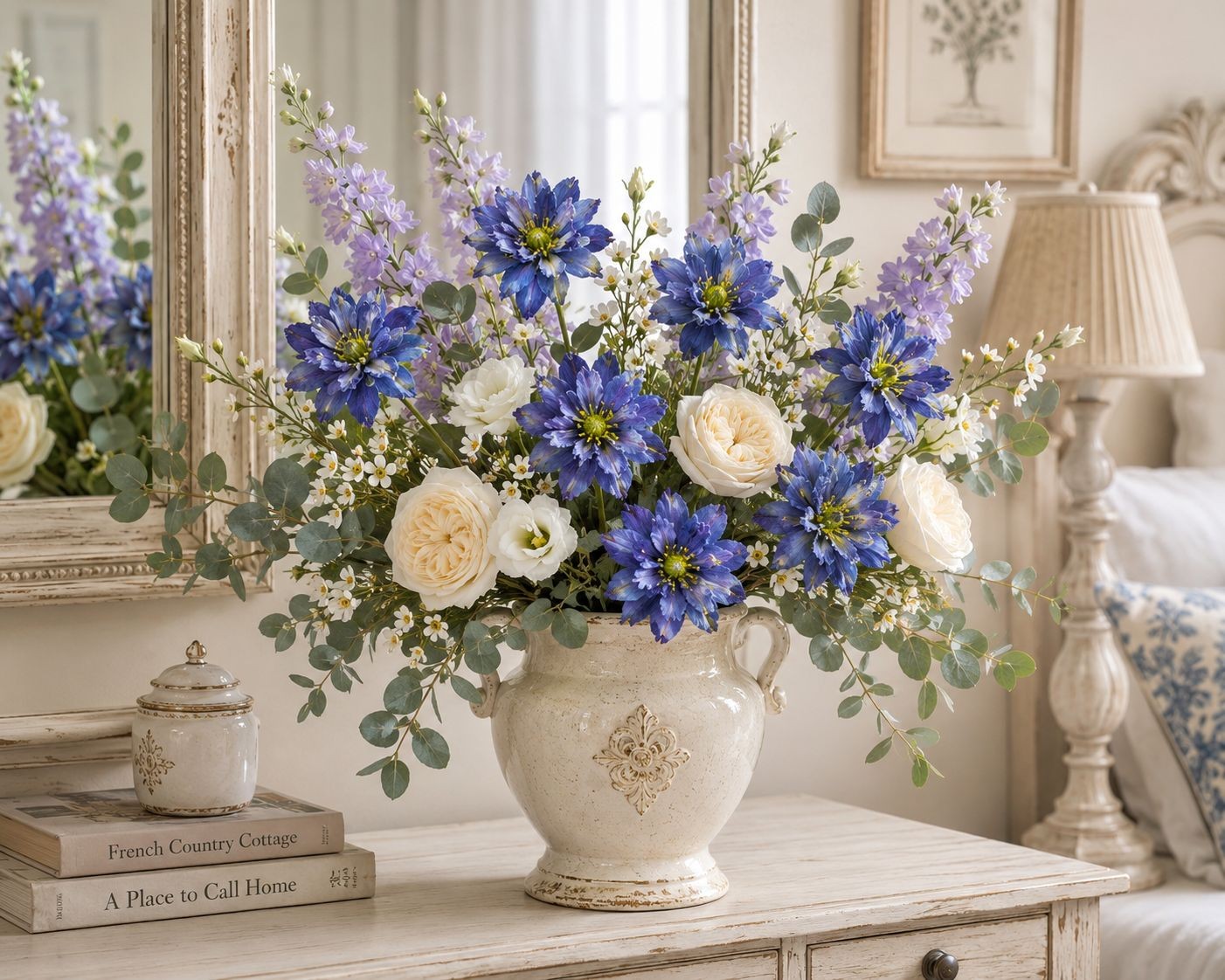 Blue Purple Real Touch Flower Stems Set of 2, 24 Inch Faux Flowers for Coastal C