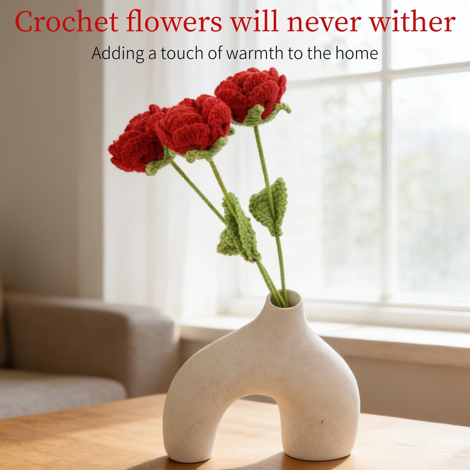 3 Pcs Handmade Crochet Rose Bouquet – Everlasting Floral Decor for Home Offic…