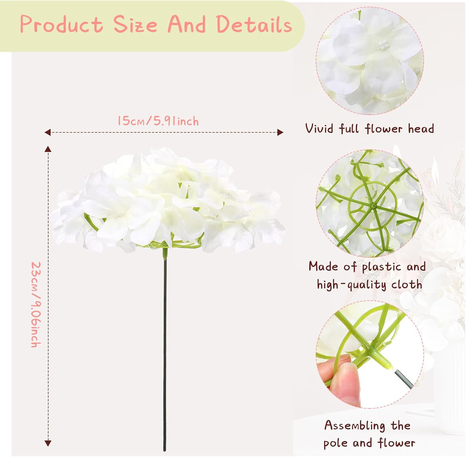 200 Pcs Artificial Hydrangea Flowers Bulk, White Silk Hydrangea Heads with Stems