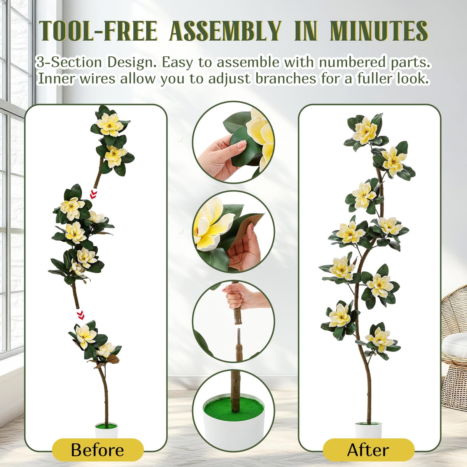 7 ft Artificial Tree with 9 Magnolia Flowers in Pot Extra Tall Faux Magnolia …