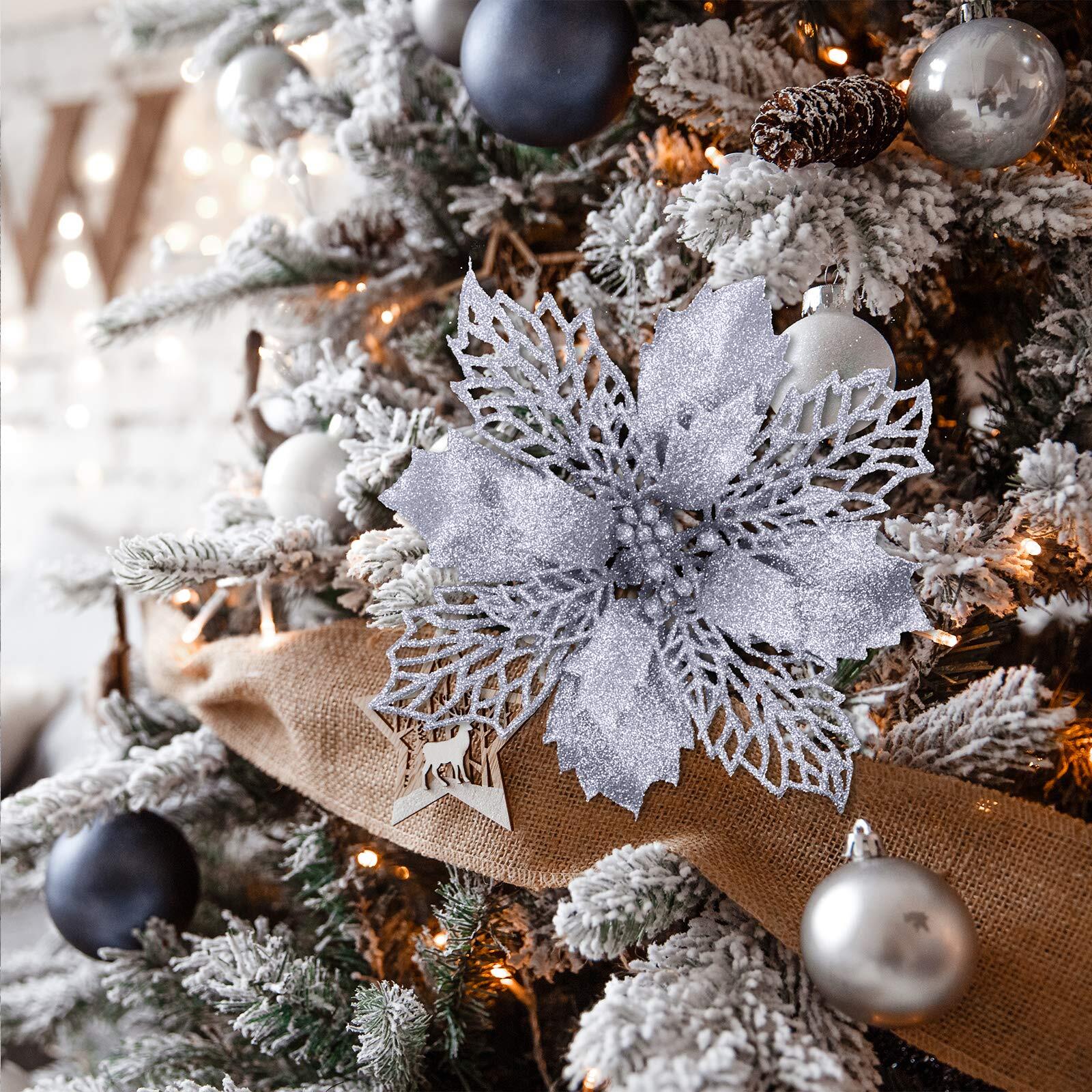 24 Pcs 4 Styles Christmas Silver Metallic Mesh Glitter Artificial Poinsettia Flo