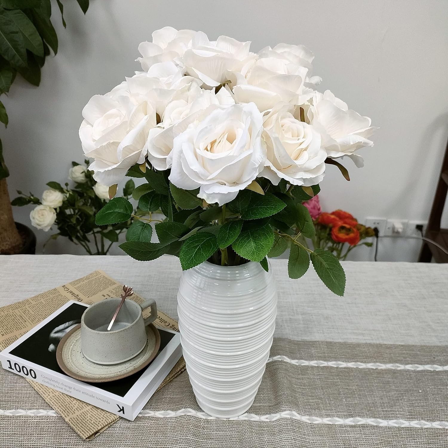 12 Pcs Ivory Artificial Roses – Stunning Faux Silk Flowers for Home Decor