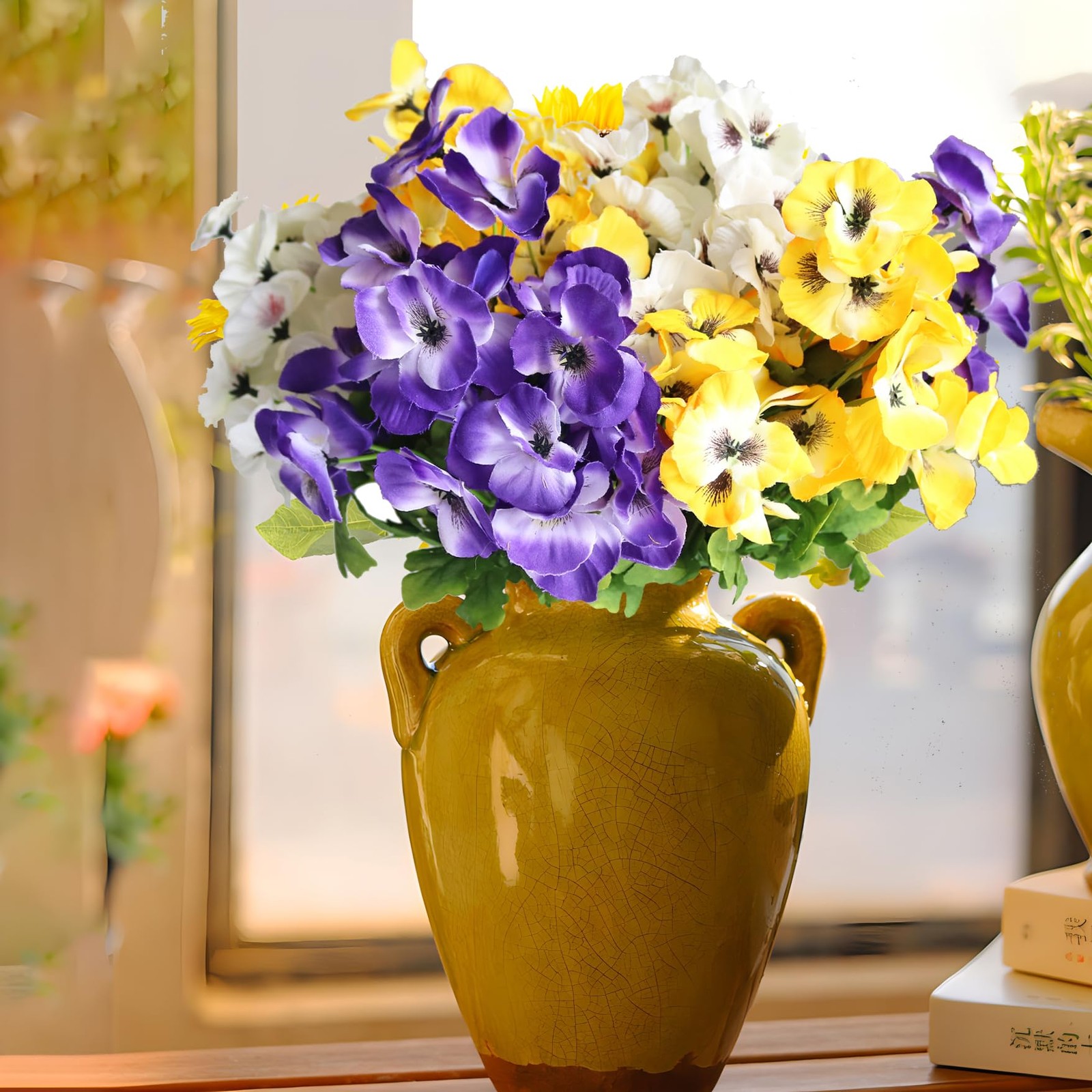 17 Inch Artificial Pansy Flowers Home Office Wedding Decor Yellow Bouquet
