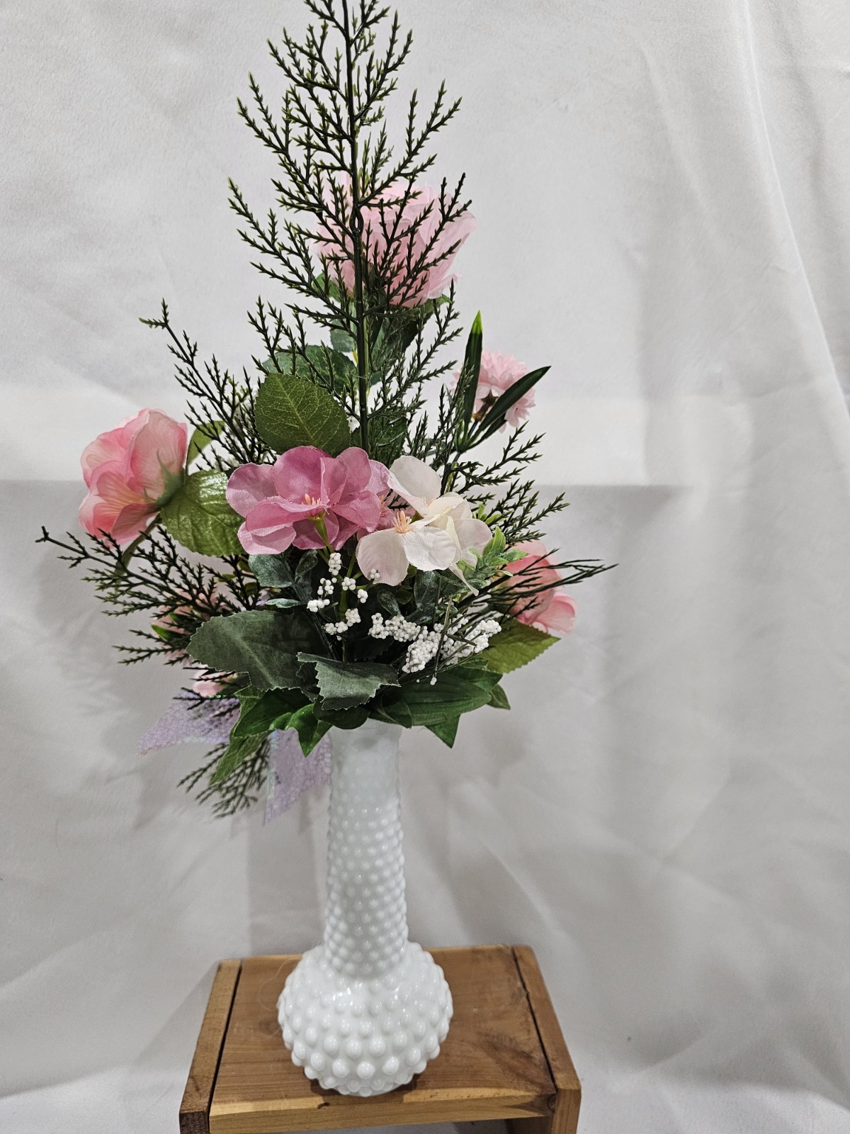 Artificial Pink Rose Flowers in beautiful Milkglass Hobnail Vase w/airy greenery