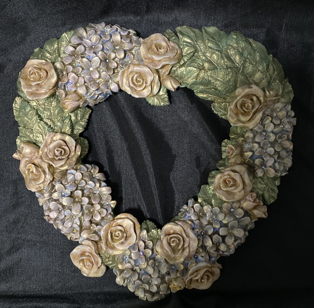 Vintage Resin Rose and Hydrangea Heart Wreath Custom Soft Muted Pastels, Guilted