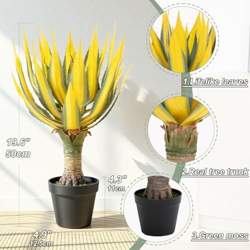 Artificial Green Edged Gold Leaf Spiny Agave Plant with3 Leaves Faux 19.68in 2