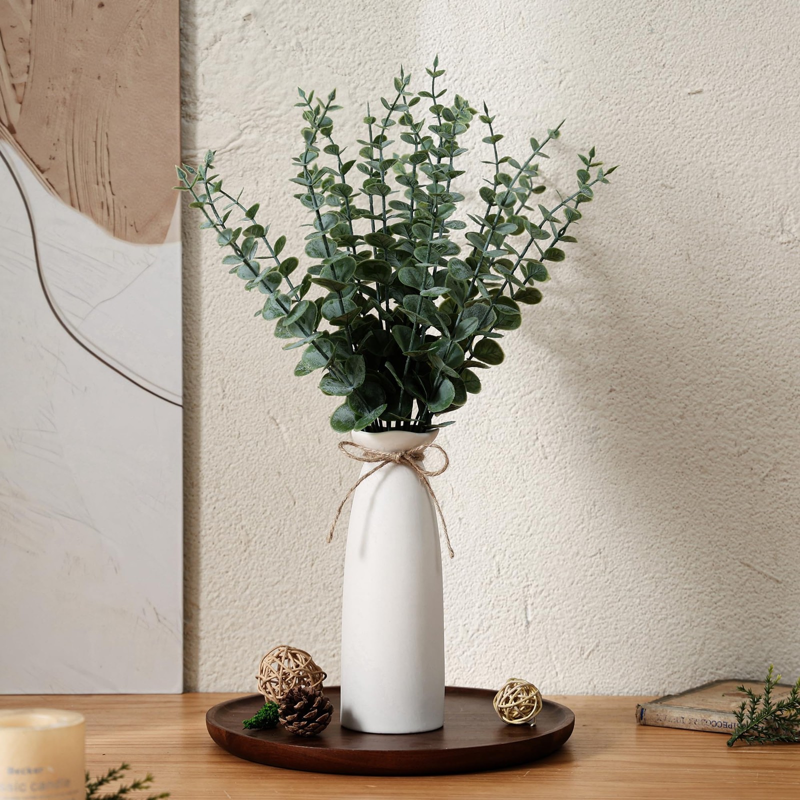 Vase with Greenery, 20pcs Artificial EucalyptusStems in White Vase, Boho Home…
