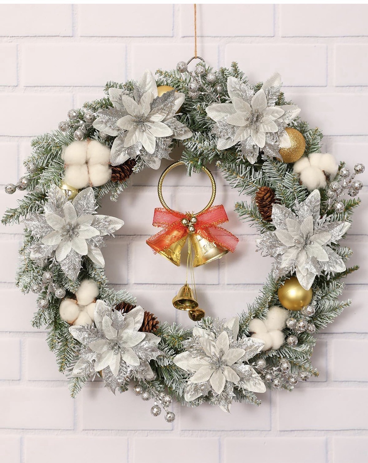 12pc Silver Articial Glitter Poinsettia Flowers Clips & Stems Christmas 5.5in