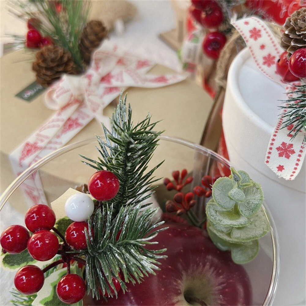 10Pcs Christmas Artificial Pine Branches with Leaves Red Holly Berries Craft DIY