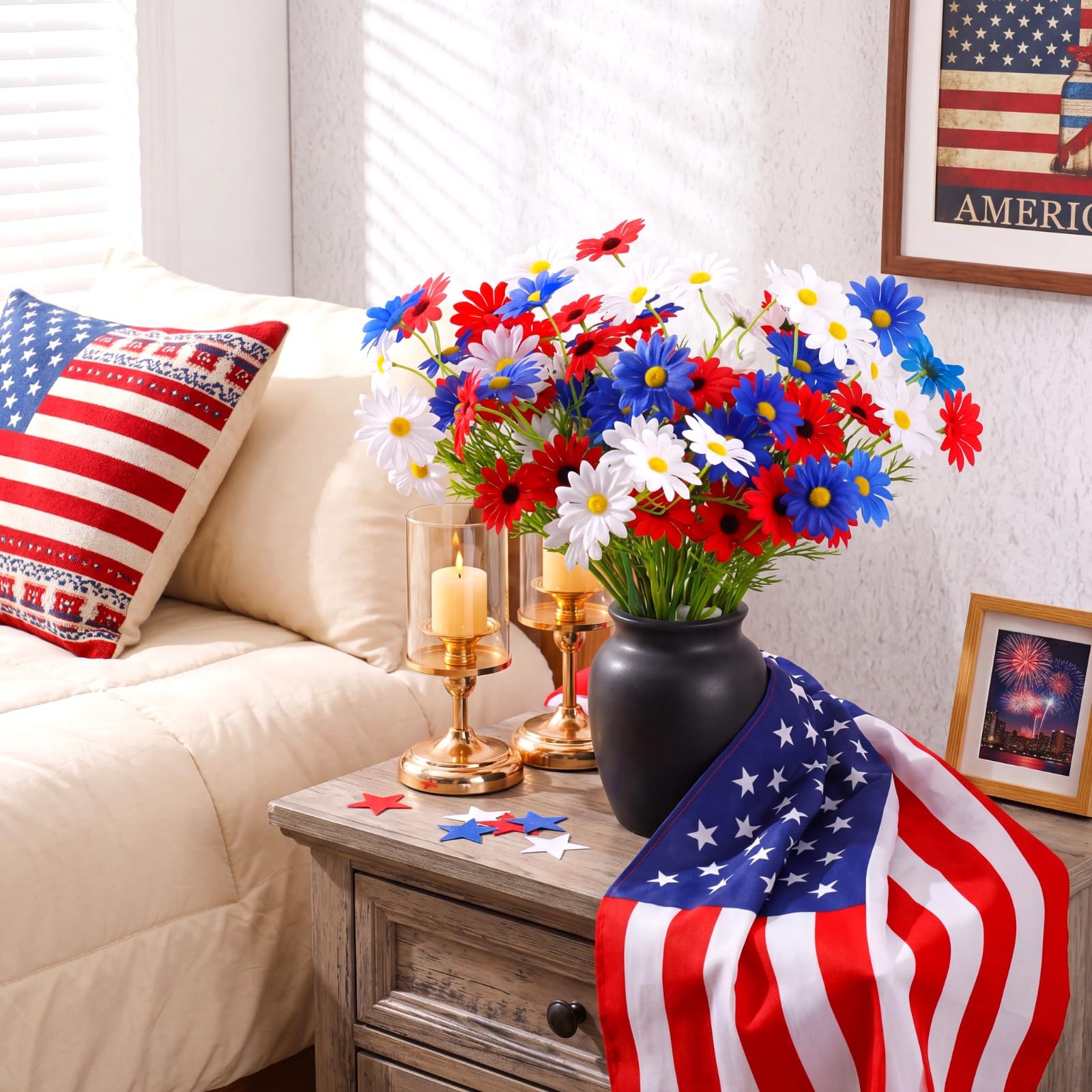 24 Pcs 4th of July Artificial Flowers Red Blue White Daisy Patriotic Decorati…