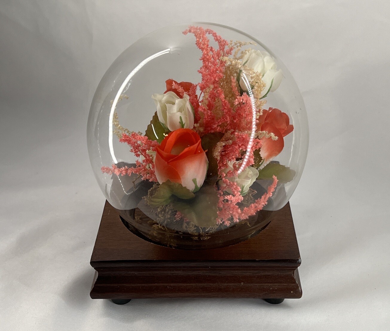 MCM Glass Cloche Globe Dried Flowers Wood Base Boho Cottagecore 70s Mystic