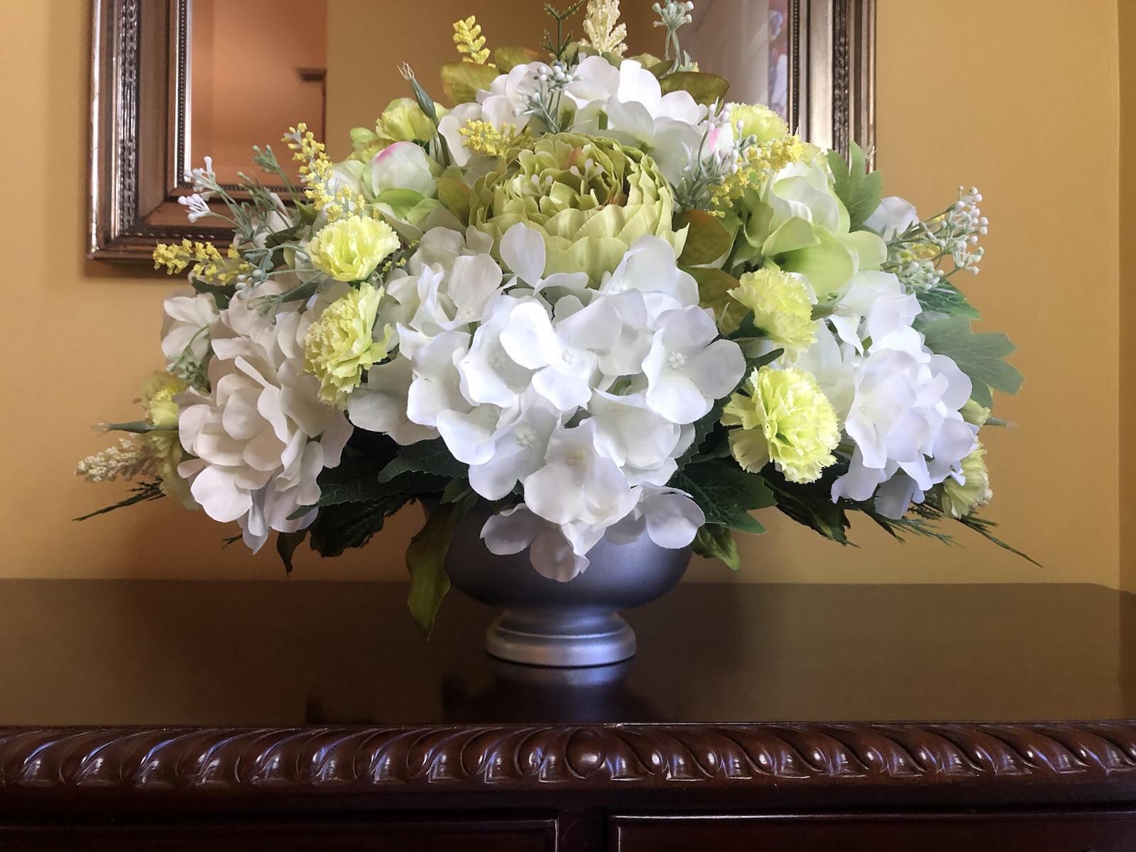 Green Spring Floral Arrangement Green And White Hydrangea And Peony Centerpiece