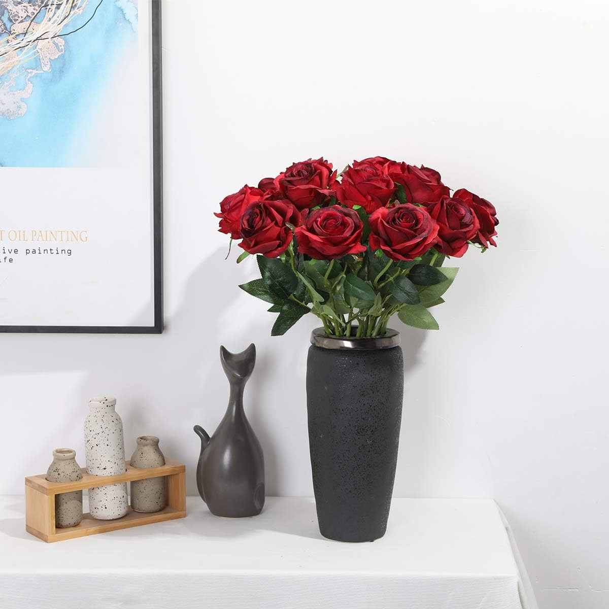 Red Roses Artificial Flowers – 12 Pcs Realistic Long Stem Fake Roses