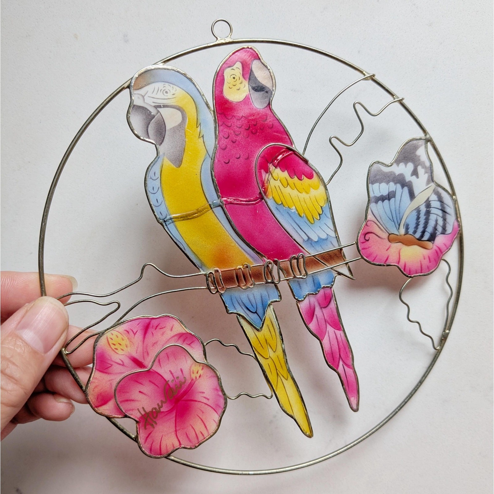 Vintage 1980s Hand-Painted Tropical Parrot Sun Catcher – Stained Glass-Style
