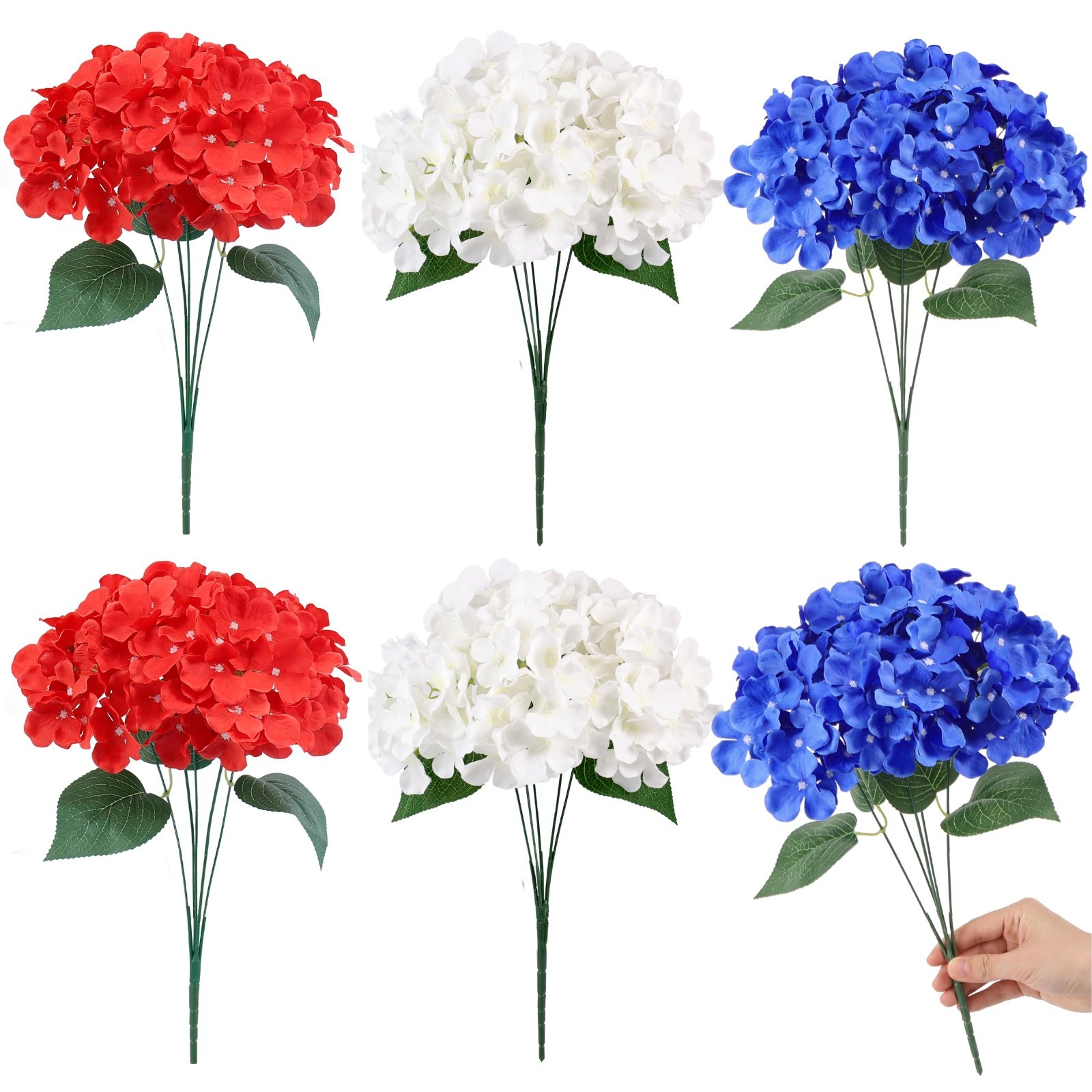 6 Bundles Patriotic Artificial Hydrangea Flowers – Red White Blue Decor for Memo