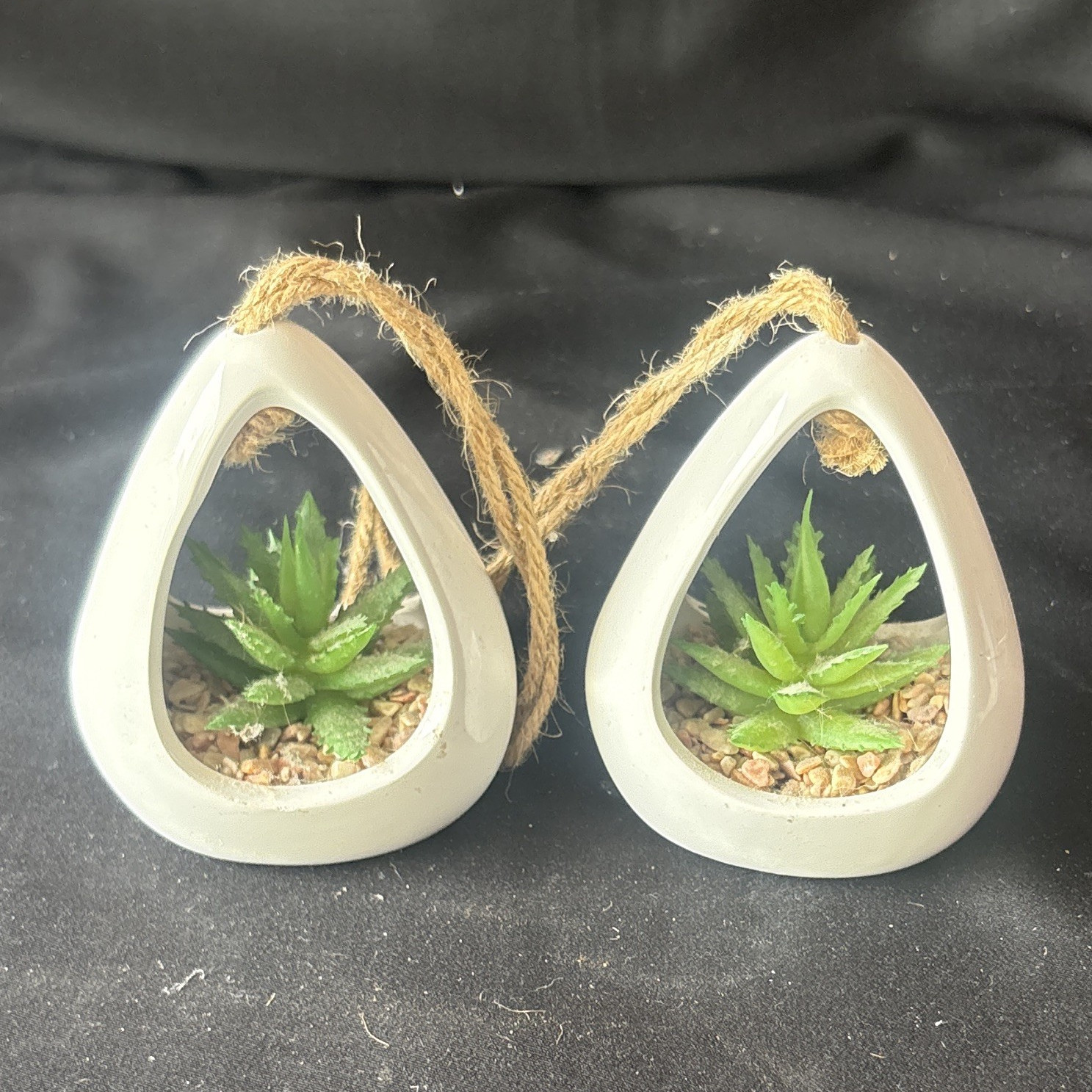 Set of 2 Hanging Artificial Succulent Planters White Ceramic Holders Green/White