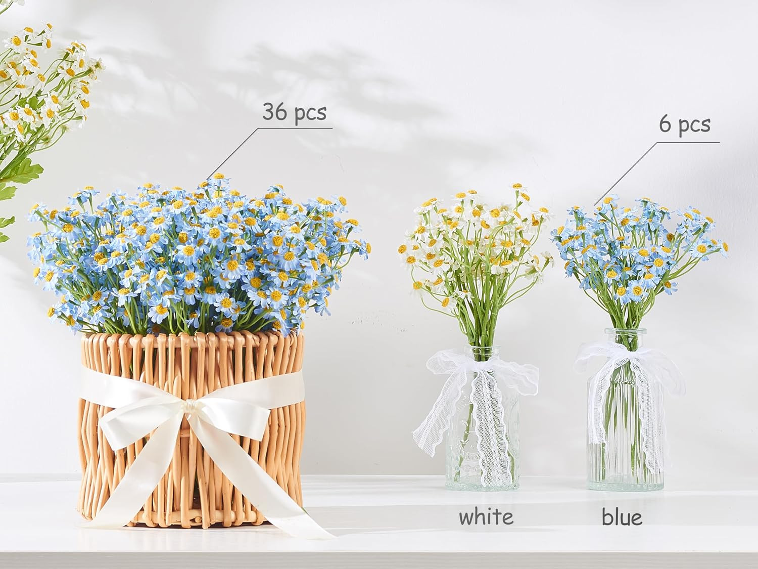 Small Artificial Blue Daisy Flowers – 2 Bouquets (12 Stems), 10 Inch Fake Dai…