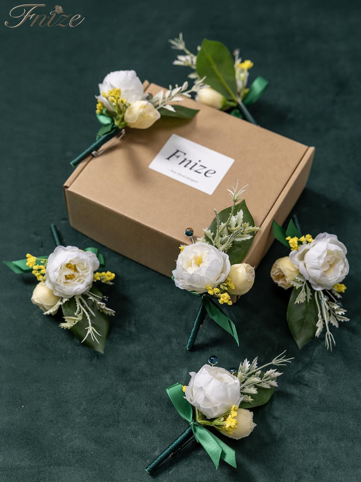 6 PCS Boutonniere Men Groomsmen Artificial Silk White Flowers Peony Rose Prom